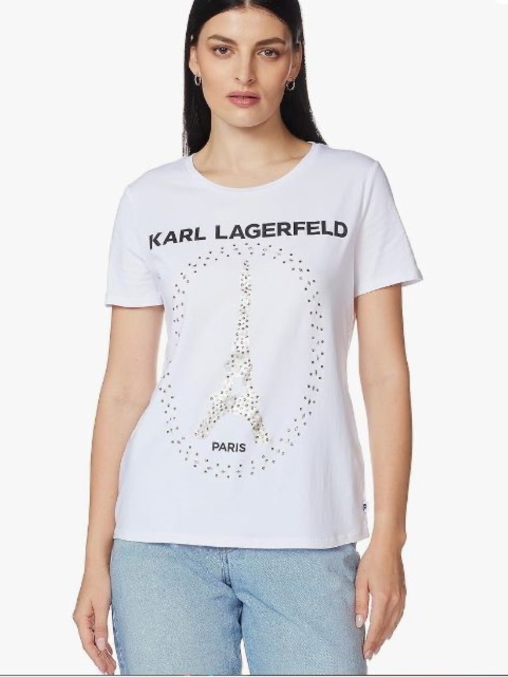 KARL LAGERFELD White Graphic Tee with Gold Eiffel Detail (M)